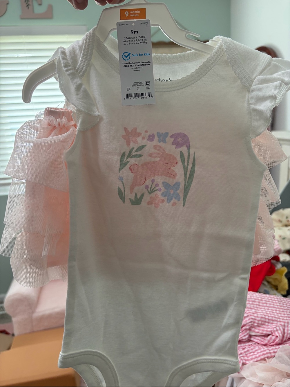 Carter's White Onesie with Pink Tulle Ruffle Sleeves and Pastel Bunny Print